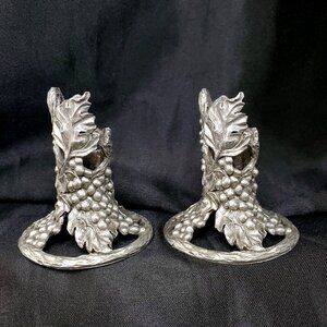 Pair Of 1991 Grape Leaf Seagull Canada Etain Fine Pewter Taper Candle Holders